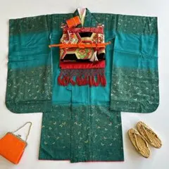 セット　七五三７歳女の子　緑地刺繍　丈短め　袋帯黒地金亀甲　簡単半襟　7297