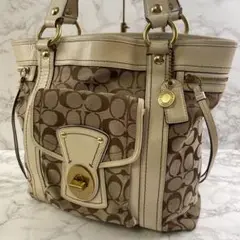 COACH コーチ ターンロック シグネチャー ジャガード×本革 トートバッグ