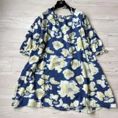 【美品】カリネ　水彩画調　花柄チュニック　Aライン　フレア　リネン混