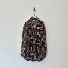 古着 総柄シャツ アート レトロ ビッグシルエット 黒 ユニセックス XL 花柄