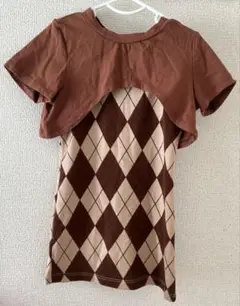 SHEIN アーガイル柄 半袖ワンピース　茶色　ベビー服　キッズ　80サイズ