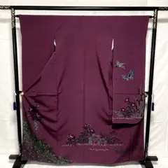 振袖 蝶 紫陽花 花模様 浜ちりめん 紫系 正絹 着物 袷 極美品