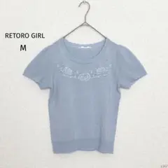 レトロガール|花柄刺繍パール装飾半袖ニット【M】スカラップネック バラ パフ袖