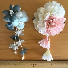 【2点セット】　浴衣　和装　髪飾り　花　ピンク　グリーン　ヘアピン　パール　花火