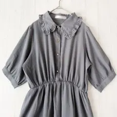 シーナデルレイ ロングワンピース 半袖 襟 グレー M
