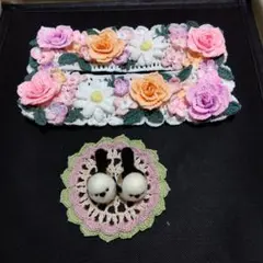 【新品】薔薇モチ―フかぎ針編みBOXティッシュカバー&シマエナガ×2ドイリ―付き