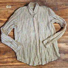 GU 麻100% ベージュ白のストライプ 長袖ボタンダウンシャツ M