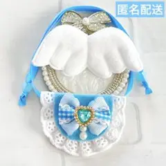 モンぬい ぬい用 羽 フリルチェックリボン スタイ 水色 よだれかけ いつぬい