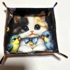 ハンドメイド　ファブリックトレイ　　インコとねこ柄