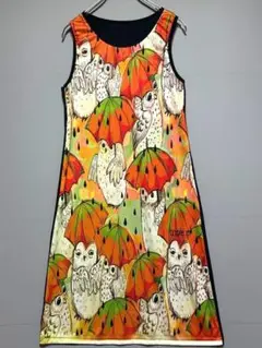 triple m 美品　伸縮性有　フクロウと傘のノースリーブワンピース ミモレ丈