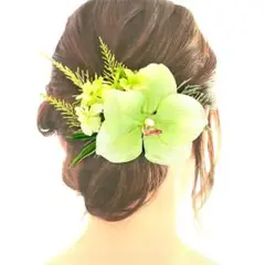 フラダンス髪飾り　ヘアクリップ　胡蝶蘭　ハイドレンジア　グリーン