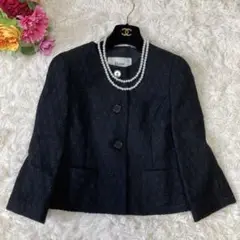 美品 ルネ ノーカラージャケット ママスーツ ツイード モヘア ブラック 36