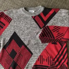 アート系デザインニット 幾何学模様 90s USA古着 メランジ 灰 赤