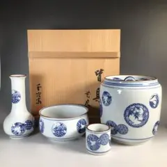 Ｐ９７８　水指　『千古窯造』『染付竹雀文』『一重口水指』　共箱　茶道具 茶道具 染付 如心玉 水指 御室窯 共箱 京焼 表千家 棚 広間 茶会