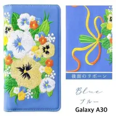 手帳型 スマホケース パンジー 花柄 人気 ブルー A30 Galaxy 可愛い