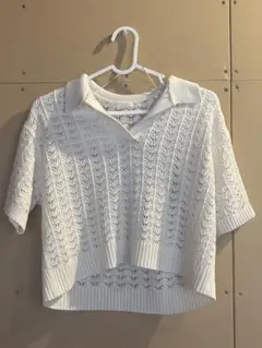 GU ホワイト レース編み 半袖ニット　ホワイト　M