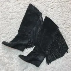 Christian Louboutin ロングブーツ スエード フリンジ 黒