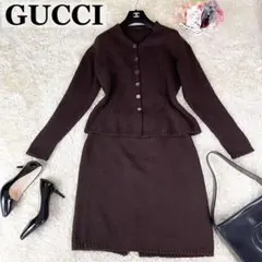 美品✨グッチ セットアップ ケーブルニット 薄手 シェルボタン ブラウン L