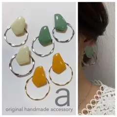 2048-1 2way くすみグリーン☺︎変形ペンタゴンのピアス×フープ☺︎