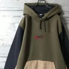 希少デザイン☆ナイキ 筆記体 センターロゴ チェック 切替 パーカー M～L