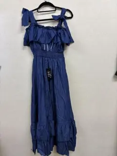 新品夢展望dearyダークブルー フリルロングワンピース