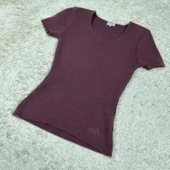 【美品】FOXEY 半袖 ニット 刺繍 ボルドー Lサイズ