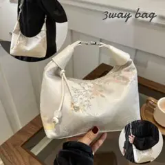 オフホワイト　冠婚葬祭　ハンドバッグ 刺繍柄　ショルダーバック　和装　和服　浴衣