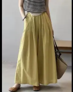 たっぷりフレア　薄手 ワイドパンツ イエロー L ゆったり ポケット 体型カバー