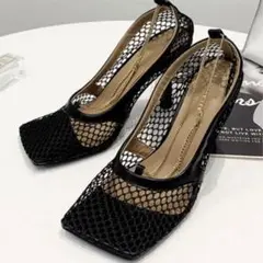スクエア メッシュ パンプス アンクレット チェーン トゥ スティレット ヒール
