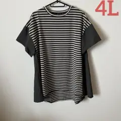 【新品】大きいサイズ4L ボーダー切替Aラインチュニック　チャコール系