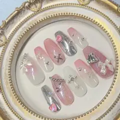 【現品】ネイルチップ リボン ミラー ピンク チーク