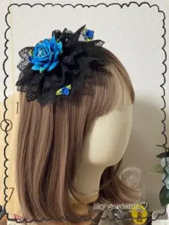 ♡ブルー薔薇(6色オーダー可)ブラックレース 円形ヘッドドレスロリータゴスロリ♡