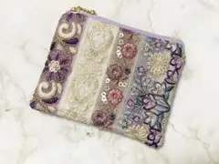 【109】インド刺繍リボン小さめポーチ　パープル