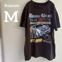 Romwe ブラウン Tシャツ M 車 プリントTシャツ 半袖 イラスト 茶色