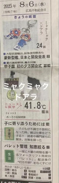 中日新聞 2025年8月6日 ミャクミャク ドアラ