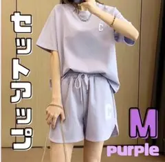 レディース ルームウェア パンツ 半袖 セットアップ 夏 スウェット パープル