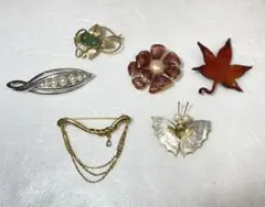 【ブローチ おまとめ】6点 人工真珠 メノウ 花 蝶 紅葉