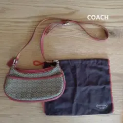 COACH コーチミニシグネチャーショルダーバッグ ベージュ レッド キャンバス