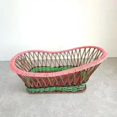 ラタン　脱衣　カゴ　レトロ　籐製バスケット　ピンク
