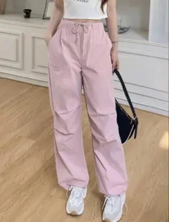 ピンク ドローストリング ワイドパンツ