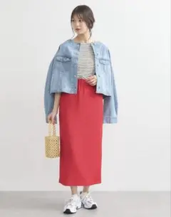 アースミュージックアンドエコロジー♡リブ素材 レッド タイトスカート