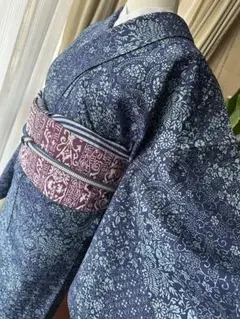 単衣キモノ 型染め小紋 紺色ネイビー× 秘色色 名古屋帯と2点セット