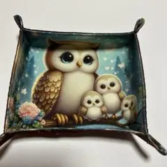 ハンドメイド　ファブリックトレイ　ふくろう柄