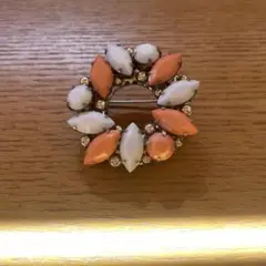 ルネ　オレンジ ホワイト 花形 ブローチ 約4cm