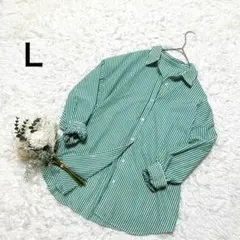 ストライプシャツ＊長袖 グリーン✖️ホワイト カジュアル ゆったりシルエット Ｌ