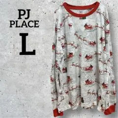 PJ PLACE【L】Tシャツ 長袖 赤 サンタ 薄手 トナカイ 総柄 個性的