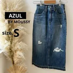 美品【アズールバイマウジー】デニムタイトスカート・ダメージ加工◇ブルーデニムＳ