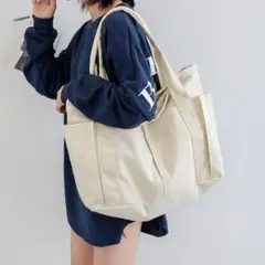ホワイト トートバッグ ハンドバッグ キャンバス 帆布 大きい チャック トート