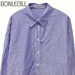 【BONLECILL】アソート柄メンズライクオーバーサイズシャツ　ブルー