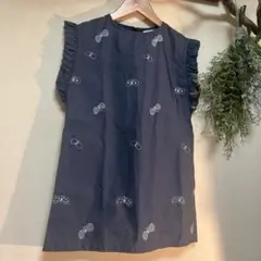 美品　mina perhonen 蝶々刺繍フリル袖ワンピース 110 リネン混